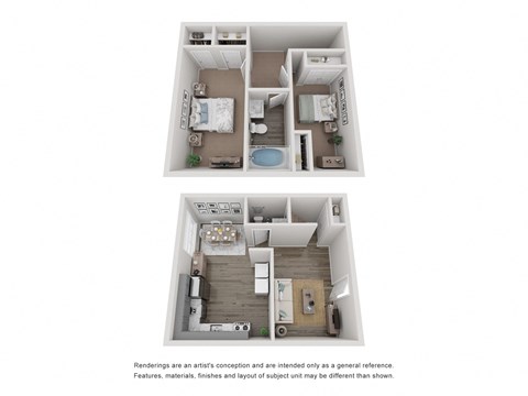 a stylized floor plan of a 2 bedroom apartment